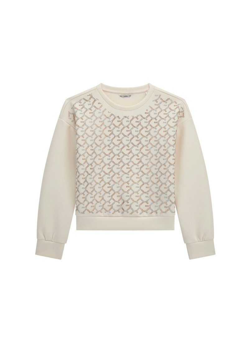 Felpa beige chiaro con una sovrapposizione testurizzata e stampata caratterizzata da disegni geometrici. Polsini e orlo a coste con un classico collo a girocollo.