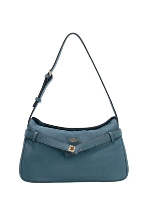 Sac à main Guess en daim bleu avec une seule bandoulière ajustable et une fermeture dorée à l’avant.