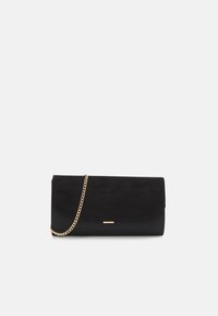 Black clutch purse made of suede with a textured finish, featuring a gold chain strap and a sleek, angular design.