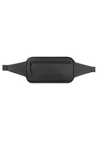 Sac banane noir, slim et rectangulaire, fabriqué en matériau lisse, avec une poche zippée à l'avant et des sangles ajustables de chaque côté.