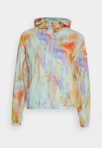 Lehká kapucňová bunda s multicolorovaným, tie-dye vzorem v odstínech broskve, levandule a máty. Hladký povrch, plný zip.