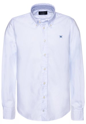 Camicia bianca in cotone con bottoni, caratterizzata da un colletto classico, maniche lunghe e logo ricamato blu sul petto sinistro.