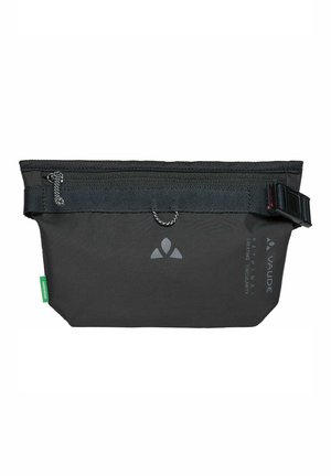 Bolsa de cintura negra con cierre de cremallera, correa ajustable con hebilla y logotipo "Vaude" en el lado frontal.