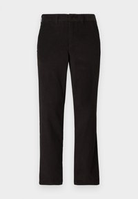 Pantalons en velours côtelé noir avec une coupe droite, dotés d'une fermeture à bouton et de deux poches avant. Tissu doux avec une texture côtelée subtile.