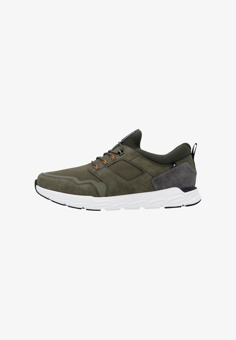 Olive green athletic shoe made of suede and mesh, featuring a white sole, orange accents on the laces, and a textured rear panel.