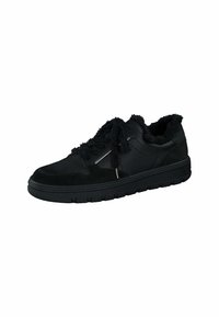 Sneaker nera con tomaia in pelle e suede, design testurizzato, rivestimento morbido e suola in gomma spessa. Presenta lacci e dettagli metallici.