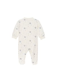 Vitt pyjamasoverall med ett upprepande mönster av blåa tecknade robotar och föremål, med långa ärmar och tryckknappar längs ryggen.