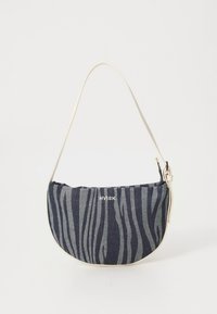 Zebra-patterned fabric handbag in navy and grey with a curved shape, a cream strap, and a logo detail. Textured surface and structured design.