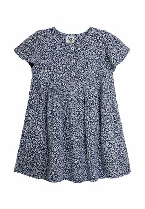 Navyblauwe jurk met wit bloemenpatroon, korte mouwen, ronde halslijn, knoopsluiting en uitlopende rok voor een ontspannen pasvorm.