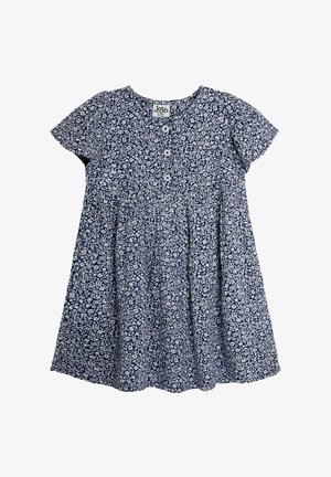 Robe bleu marine avec un motif floral blanc, manches courtes, col rond, fermeture à boutons et jupe évasée pour un fit décontracté.