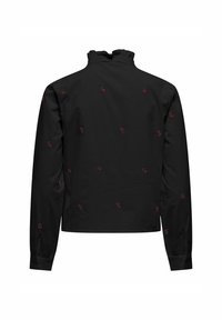 Blusa nera a maniche lunghe con colletto alto arricciato e piccole ricami floreali rossi sparsi sul tessuto, vista da dietro.