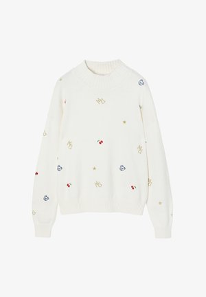 Suéter de punto blanco con cuello acanalado, que presenta un bordado multicolor de cerezas, estrellas y osos de dibujos animados dispersos por la tela.