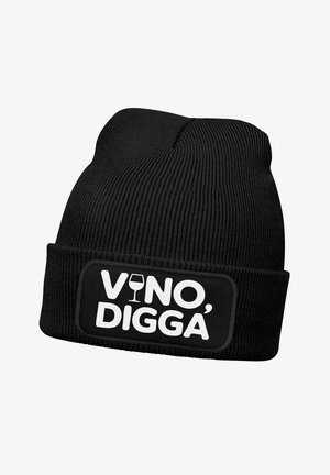 Black knitted beanie with ribbed texture, featuring a rectangular patch that reads "VINO, DIGGA" in bold white letters with a wine glass icon.