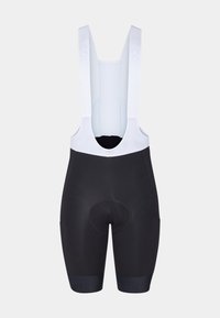 Shorts de vélo noirs avec bretelles blanches, dotés d'un siège rembourré et de poignets élastiques. Texture lisse avec des détails du logo de la marque sur les bretelles.