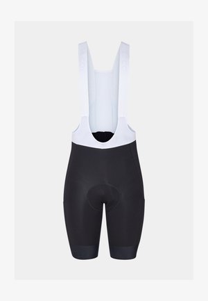 Pantalones cortos negros con tirantes blancos, que cuentan con un asiento acolchado y puños elásticos. Textura suave con detalles del logo de la marca en los tirantes.