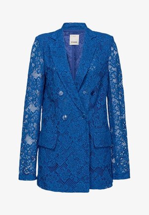 Blazer en dentelle bleue avec un design croisé, deux poches avant, et des motifs en dentelle complexes avec une silhouette structurée.
