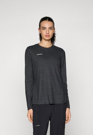 Long-sleeve gray T-shirt featuring a round neckline and a small white logo on the left chest. Soft fabric with a casual fit.