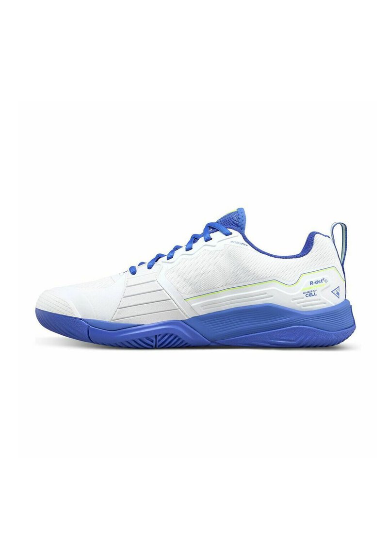 Sportliche Schuhe mit einem weißen Mesh-Obermaterial, blauen Akzenten, strukturiertem Sohlen und verstärkter Zehenkappe. Verfügt über eine Zuglasche und grüne Details.