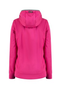 Giacca con cappuccio rosa in un tessuto morbido, con un colletto grigio foderato, maniche lunghe e una vestibilità affusolata in vita.