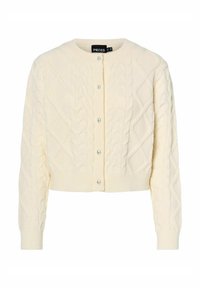 Cardigan lavorato a maglia color crema con motivo a treccia, scollatura rotonda e chiusura a bottone con accenti di perla, realizzato in tessuto morbido e testurizzato.