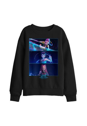 Black sweatshirt with three animated female characters in action poses from K-Pop Demon Hunters series on the front.