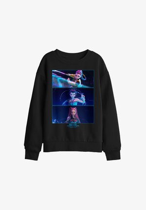 Black sweatshirt with three animated female characters in action poses from K-Pop Demon Hunters series on the front.