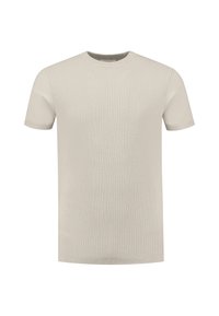 Licht beige korte mouw gebreide t-shirt met een gestructureerd patroon, ronde halslijn en geribbelde zoom. Eenvoudig ontwerp zonder extra accenten.