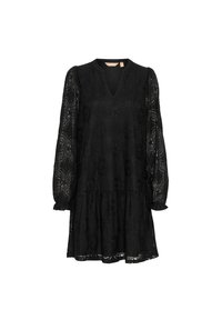 Vestido de encaje negro con mangas largas, escote en V y falda en capas. Patrón floral en toda la prenda, con puños fruncidos y un ajuste relajado.