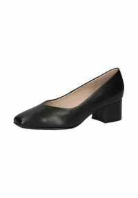 Black leather pump with a rounded toe and tapered block heel. Smooth texture with a nude interior lining. Simple design.