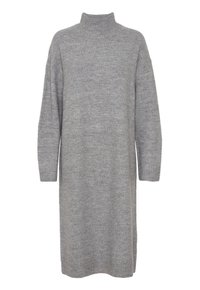 Vestido de punto gris con cuello alto, mangas largas, puños acanalados y dobladillo, que presenta un tejido suave y texturizado en un corte relajado.