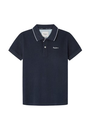 Marineblå kortærmet polo med hvid pynt på krave, to-knaps knaplukning og lille hvid "Pepe Jeans"-logo på brystet.