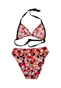 Zestaw bikini z przezroczystym, czarnym wykończeniem góry i wzorzystymi majtkami. Góra ma trójkątny kształt, a majtki są średnio wysokościowe z kolorowymi okrągłymi wzorami.