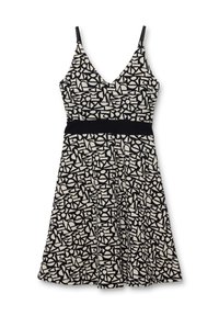 Vestido sin mangas de estampado en blanco y negro, con escote en V y cintura ajustada, falda fluida y diseños geométricos en una tela suave y ligera.