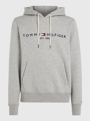 Grijze hoodie van zacht fleece, met een kangoeroezak, een capuchon met trekkoord, en geborduurd "Tommy Hilfiger" logo in marineblauw.