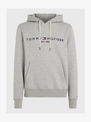 Grå hoodie i mjukt fleece, med känguruficka, dragsnodd i huvan och broderad "Tommy Hilfiger"-logotyp i marinblå.
