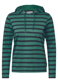 Felpa a strisce verdi e blu navy con maniche lunghe, cappuccio regolabile e una texture morbida. L'etichetta del produttore è visibile all'interno del cappuccio.