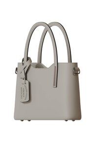 Graue Echtleder-Tasche mit zwei geschwungenen Griffen, einem flachen Boden, einem Etikett mit Informationen über Material und Herkunft sowie einer glatten Oberfläche.