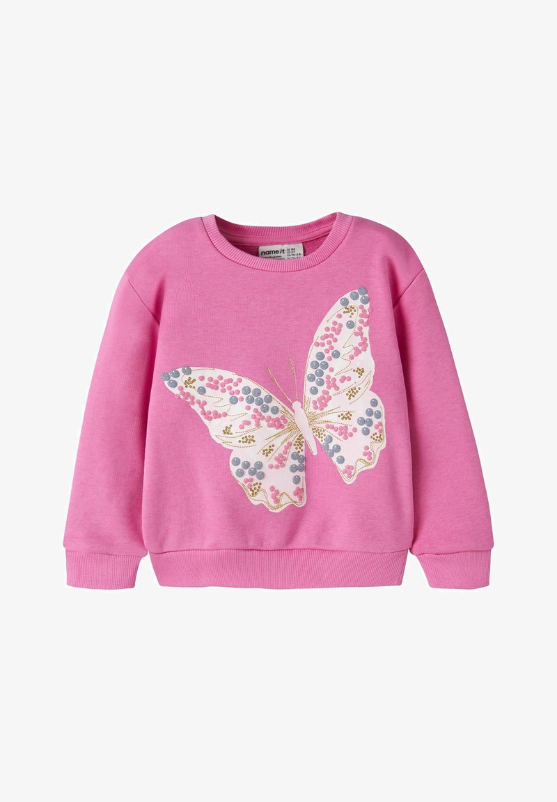 Sweat-shirt rose à manches longues pour enfants, avec poignets et ourlet côtelés, arborant un grand papillon décoratif avec des accents roses, gris et dorés.