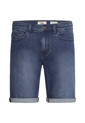 Tumši zili džinsu šorti ar regulāru piegriezumu; aprīkoti ar sarullētiem malām, piecām kabatām un metāla pogu aizdari priekšpusē.