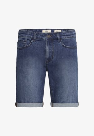 Jeansshorts in Dunkelblau mit regular Fit; verfügen über umgeschlagene Säume, fünf Taschen und einen metallenen Knopfverschluss vorne.