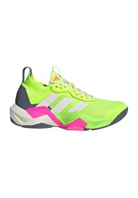 Neon žalia sportinė bateliai su pilkomis ir rožinėmis detalėmis. Turi tinklinį viršų, storą pado su unikalia geometrine forma, ir tris baltas juosteles.