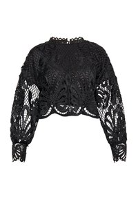Blusa cropped nera con un intricato design in pizzo con motivi floreali, maniche lunghe a sbuffo e un corpo in rete testurizzata. Finitura elegante e dettagliata.