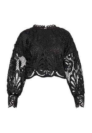 Schwarze, gekürzte Bluse mit intricatem Spitzenmuster und floralem Design, langen Puffärmeln und einem strukturierten Mesh-Oberteil. Elegante und detaillierte Ausführung.