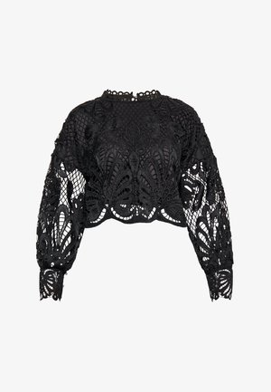 Sort cropped bluse med intrikate blonde design og blomster mønstre, lange pufærmer og en struktureret mesh-krop. Elegant og detaljeret finish.