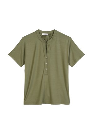 Olivegrünes T-Shirt mit kurzen Ärmeln aus weichem Material, mit Knopfleiste, lässiger Passform und Rundhalsausschnitt.