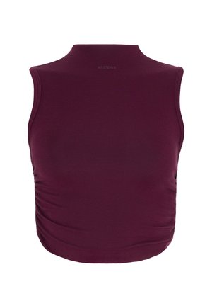 Bordeaux-farbenes ärmelloses Top mit hohem Kragen, aus glattem Stoff gefertigt, mit gerafften Details an den Seiten. Schlichtes, tailliertes Design.