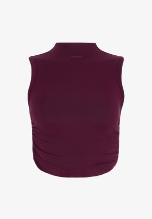 Bordeaux-farbenes ärmelloses Top mit hohem Kragen, aus glattem Stoff gefertigt, mit gerafften Details an den Seiten. Schlichtes, tailliertes Design.