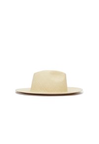 Breiter Strohhut in einem hellbeigen Farbton. Ausgestattet mit einem strukturierten, gewebten Design und einer glatten, flachen Krone sowie einem Banddetail.