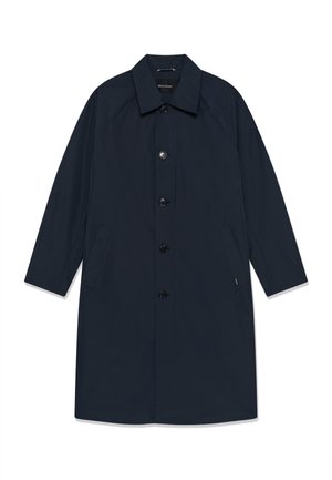 Manteau long bleu marine foncé avec col, cinq boutons à l'avant et deux poches latérales, présenté à plat sur fond blanc.