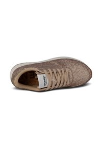 Rose gold sneaker with glittering fabric, round toe, beige laces, cushioned tan interior, and white rubber sole. Logo visible on tongue.